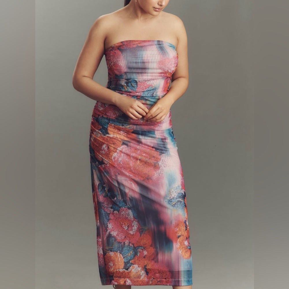 🟠NWT ANTHROPOLOGIE The Soleil Slim Strapless Ruched Mesh Dress Pink/Blue Print